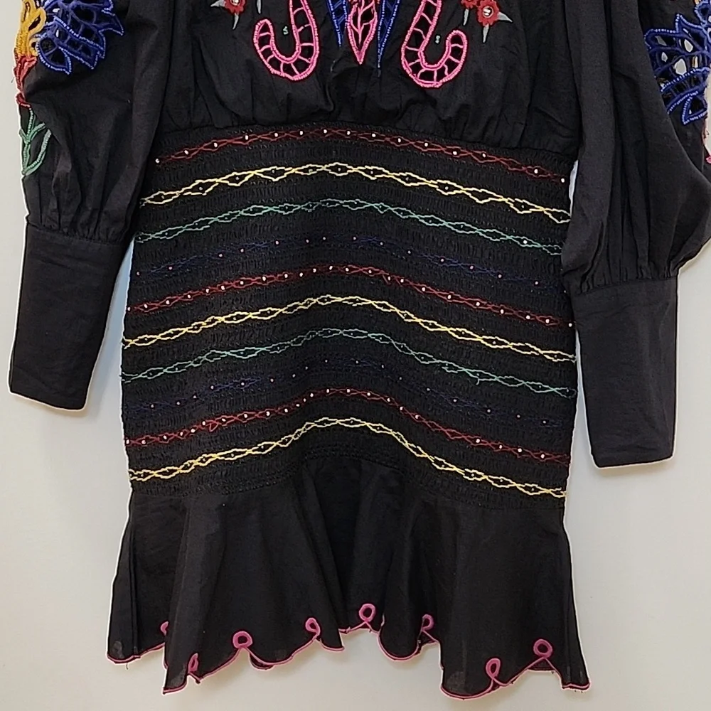 FarmRio Embroidered Puffsleeve  Black Dress Colorful Parrot Design Romantic Sz M - Picture 9 of 16